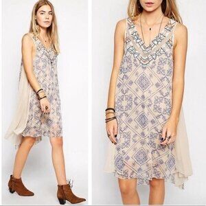Free People ANCIENT MYSTERY M Beaded Embroidered Shift Dress V Neck Boho Hippie